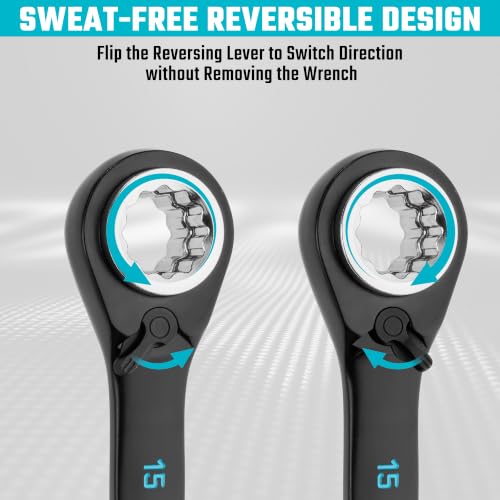 Image of DURATECH 4-in-1 Reversible Ratcheting Box Wrench Set, Metric, 2 Pcs, Black | Double Box End, 8mm, 10mm, 12mm, 13mm & 14mm, 15mm, 17mm, 19mm, CR-V Steel, Black Electrocoat, Rolling Pouch