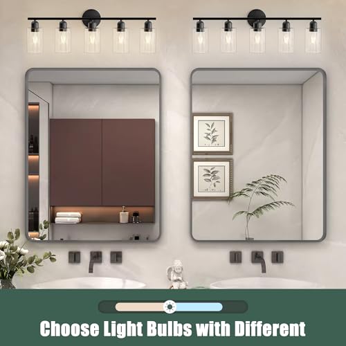 Image of Bathroom Vanity Light Fixtures Matte Black Bathroom Lighting Fixture, 5 Lights Bathroom Light Fixture Over Mirror, Modern Black Vanity Light, Wall Sconces with Glass Shades