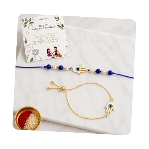 Image of I Jewels Hamsa Enamel Evil Eye Lumba Rakhi Set for Brother and Bhabhi with Roli Chawal and Rakshabandhan Card | Couple Rakhi