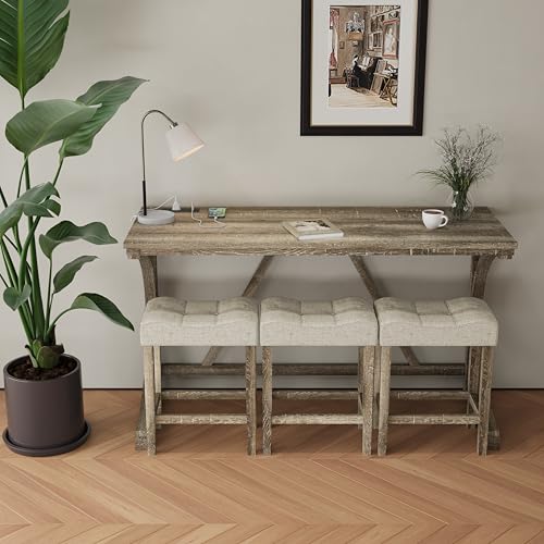 4-Piece Counter High Bar Table Set with Socket and 3 Fabric Padded Bar Stools, Tall Kitchen Breakfast Nook with Stool (1+3 Natural) - Image 3