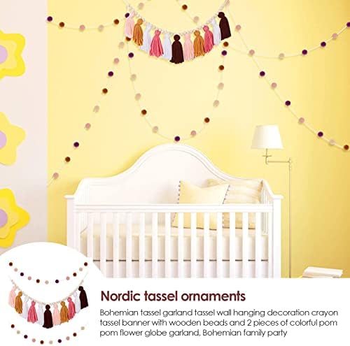 Tassel Bunting Boho Tassel Garland with Wood Bead Bedroom Decor Rainbow Bedroom Accessories Tassel Garland Wall Hanging Decoration Chalk Tassel Banner with Wooden Beads and 2Pcs Pom Flower Ball