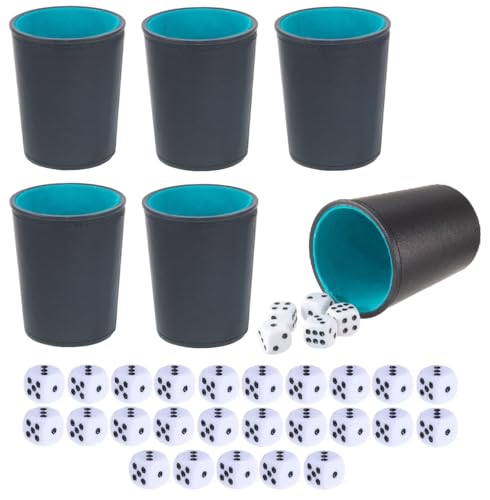 Leather Dice Cup Quite Felt-Lined Interior 6 Shaker Cups and 30 Dot Dices one Carry Bag (Black and Lake Blue)