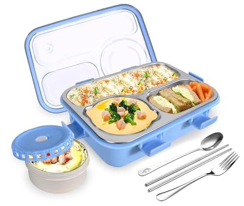 Image of Lunch Box 3 Compartment Stainless Steel Tiffin Box Within Liquid Store Box| Lunch Box for Kids, Leak-Proof BPA-Free Tiffin Box for School & Office Use 750ml (Blue)