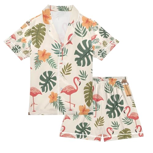 senya Hawaiian Flamingo Satin Summer Pajama Sets Silk Short Sleeve Button Down Sleepwear