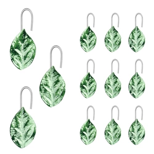 ACZHHZC 12PCS Leaves Shower Curtain Decor Hooks, Sage Green Plant Eucalyptus Leaf Stainless Steel Shower Curtain Rings Boho Cute Bathroom Decorative Accessories (Green Leaf 1)