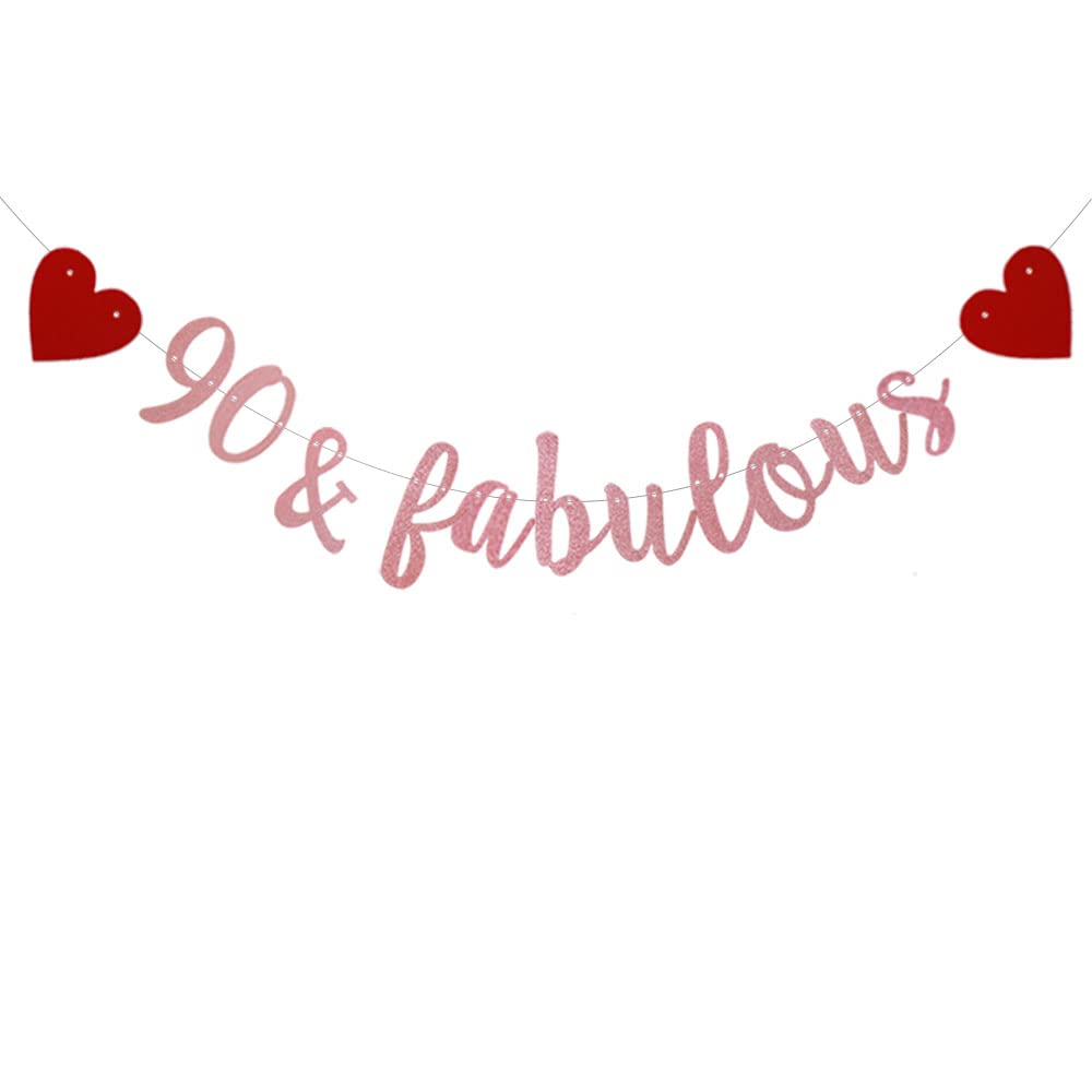 WEIANDBO 90 & Fabulous Rose Gold Glitter Banner,Pre-Strung,90TH Birthday/Wedding Anniversary Party Decorations Bunting Sign Backdrops,90 & Fabulous