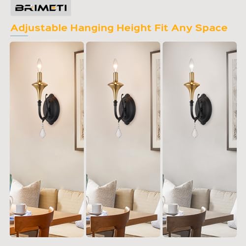 Image of Farmhouse Wall Sconces Set of 2, Black Modern Industrial Wall Sconces Indoor E12 Base with Crystal Decoation,Vintage Rustic Bedside Wall Mount Light Fixture for Bedroom Living Room Stairway