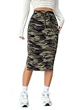 WDIRARA Women's Camo Print High Waist Skinny Midi Skirts Split Side Drawstring Waist Hip Skirt Army Green Medium