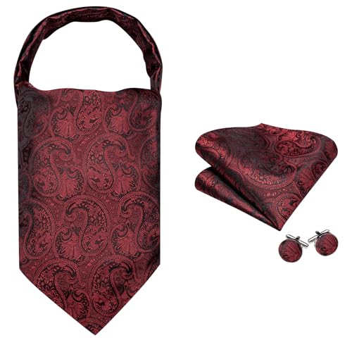 Image of Barry.Wang Ascot Ties Cravat Tie Men Paisley Plaid Scarf Self Tie Pocket Square Cufflinks Set Wedding Party