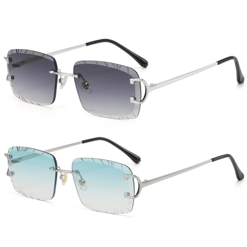 Image of Retro Rimless Rectangle Sunglasses for Men Women Luxury Frameless Square Trendy Shade Diamond Cutting Eyewear