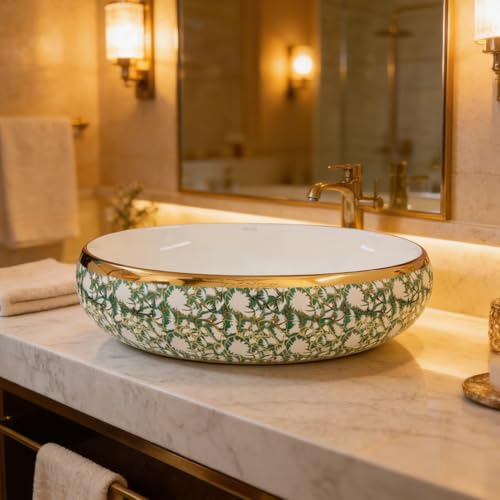 Image of Wallace Designer Oval Table Top Wash Basin 60x40x15 cm | Green & White Floral Ceramic Countertop Vessel Sink with Gold Rim | Luxury Above Counter Bathroom Vanity Basin