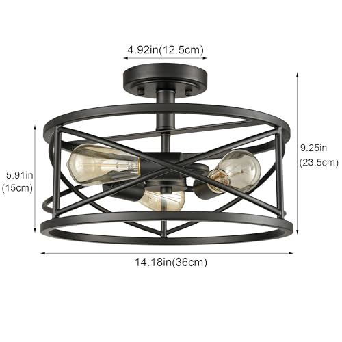 Image of DAYCENT Farmhouse Black Ceiling Light 3-Light Rustic Metal Caged Hallway Light Fixtures Industrial Style Semi Flush Mount Drum Light for Bedroom Foyer Entryway