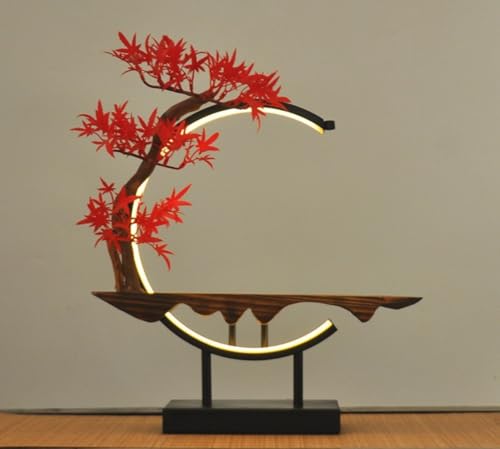 Sefoemut 新しい中国の禅仏飾り、人工屋内植物、家の装飾ギフト、USB LEDライト付きのリアルな偽の盆栽、玄関デスク用のクリエイティブなランプリング、自宅のリビングルームの玄関オフィスの装飾盆栽に適しています (半周赤もみじランプベース) [並行輸
