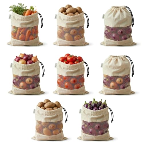 Cotton Vegetable Bags Fridge Storage Bag Sabji Fruits Pouch Refrigerator Produce bags Clothe Muslin Reusable Washable with Drawstrings (Beige, Pack of 8)