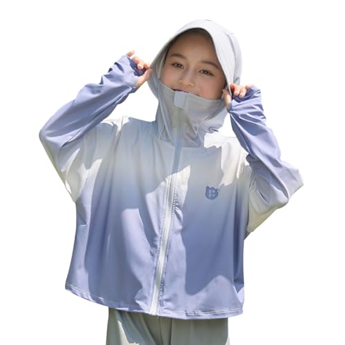 Kids Cooling Ice Silk Gradient UPF50+ Sun Protection Hoodies Zip-Up Sun Shirt Girls Boys Loose Hooded Jacket for 2-14 Years