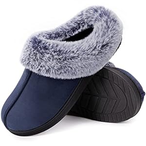 HomeTop Women’s Classic Microsuede Memory Foam Slippers Durable Rubber Sole with Warm Faux Fur Collar