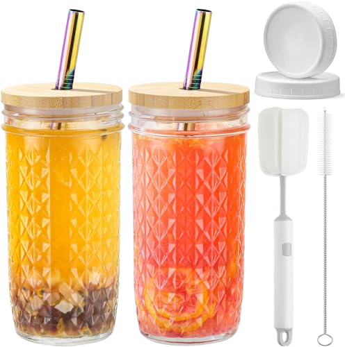 CJWLKJ Lot de 2 verres en verre avec couvercles en bambou et pailles, 710 ml - Bocaux à thé aux perles Boba avec 2 couvercles hermétiques - Tasses pour...