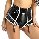 inlzdz Damen Wetlook Hotpants Kurz Hose Lack Leder Booty Shorts Frauen High Waist Unterhose Strumpfhalter Erotik Reizwäsche GoGo Clubwear Schwarz A M
