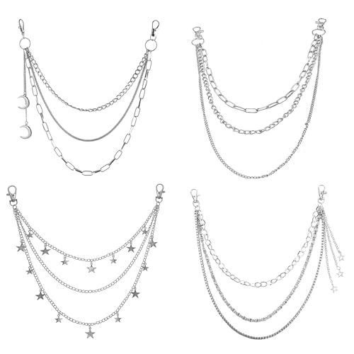Forbabe 4 Stück Hosenkette Silber, Hosen Kette Punk Jeans Ketten Rock Kettengürtel Hip Hop Schlüsselkette Punk, Gürtel Kette Hosenkette für Damen Männer