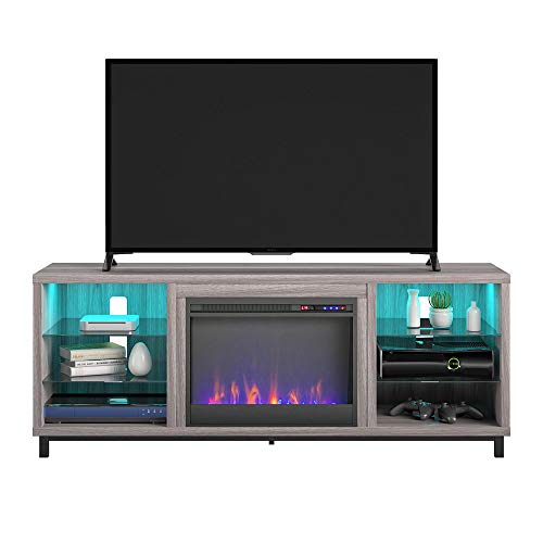 Ameriwood Home Lumina Fireplace TV Stand for TVs up to 70 Inch, Replaceable Electric Fireplace Insert Heater, Remote Control, Timer, Color Changing LED Lights, Crystal Ember Flames, Light Walnut