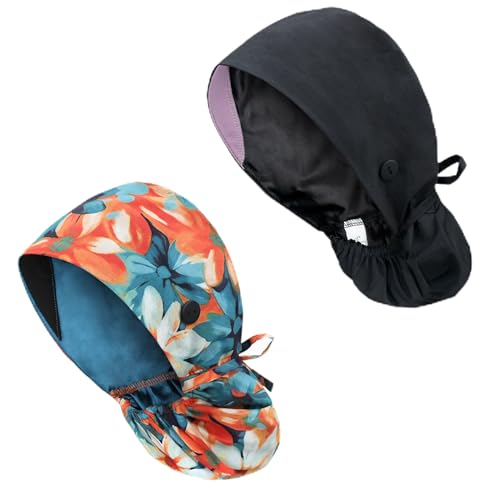 Satin Lined Scrub Cap for Women, Bouffant Nurse Cap with Sweatband and Buttons, Adjustable Surgical Hat for Curly Hair, Braids, Long Hair and Buns, Azure Bloom&amp;Blk