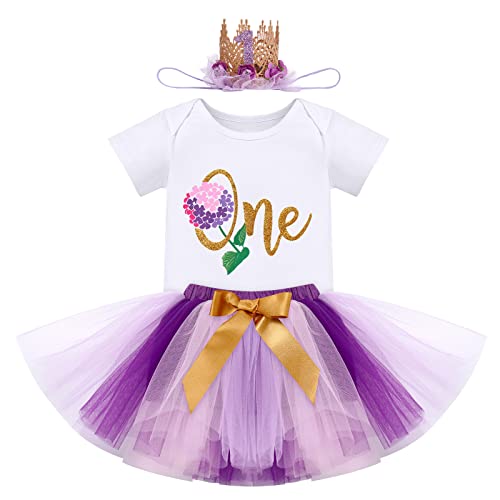 Baby Girls One 1St Birthday Outfit Hydrangea Flower Romper Tutu Skirt Sequin Crown Headband 3Pcs Infant Princess First Birthday Summer Bowknot Tutu Dress Cake Smash Clothes Set Purple - One 1 Year #TOP22