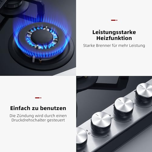 GASLAND GH6604BG1FC Glass Gas Hob, Built-in Glass Cooktop with 4 Burners, Gas Cooker with Wok Burner, 60 cm Black Glass Stove, Butane Gas Cooker 8000 W, LPG/NG