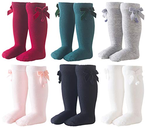 QandSweet Baby Girl Knee-High Socks Toddlers Bow Stockings Newborn Infant Non-Slip Sock (0-12M, Velvet bow)
