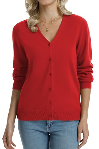 Image of QUALFORT Women's 100% Cotton Lightweight Cardigans Long Sleeve Knitted Button Down Sweater