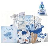 25-Pcs Luxury Baby Boy Gift Basket Set, Blue (0-12M Newborn) | Premium Baby Shower Gifts with Keepsake Memory Book. Ultimate Newborn Essentials in Woven Basket for Unforgettable Welcome Mom Gift