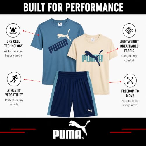 Image of PUMA Boys Active Shorts Set - 3 Piece Performance T-Shirt, Dry Fit Tank Top, and Gym Shorts - Activewear Set for Boys (4-16)