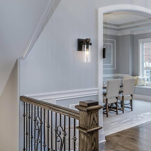 Image of Sconces Wall Lighting, 1-Light Black and Faux Wood Wall Sconce Light, Modern Bedroom Bathroom Wall Sconces Indoor with Seeded Glass Shade