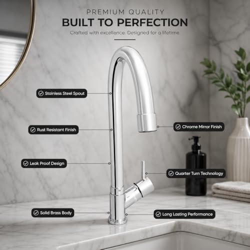 Image of ZAP CurveFlow Swan Neck Kitchen Tap | 360 Swivel Long J Bend Faucet | Solid Brass Body with Chrome Finish | Deck Mounted Sink Tap for Kitchen, Wash Basin & Utility Area