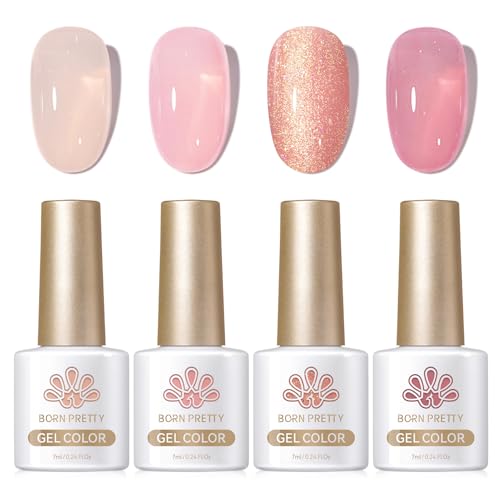 Born Pretty UV Nagellack Milky Jelly Milchig Nude Rosa - Gel Nagellack UV Natur Kristall Transparent UV Lack Soft Bean Serie Maniküre und Nagelkunst DIY zu Hause 4PCS