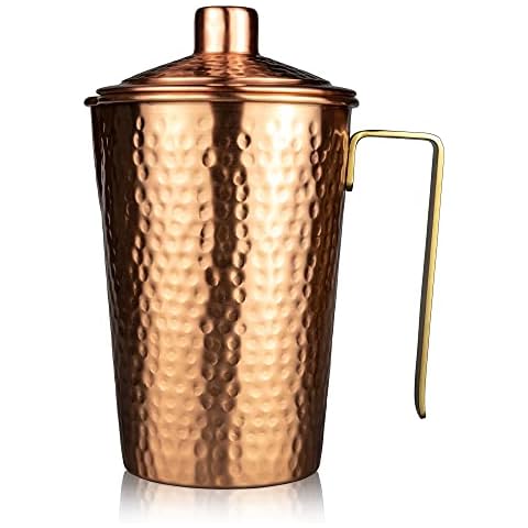 Copper Pitcher With Lid - Kosdeg - 44 Oz - Drink More Water, Lower Your Sugar Intake And Enjoy The Health Benefits - Pure Copper Handmade Hammered Jug, The Best Bedside Carafe - Heavy Gauge Cover