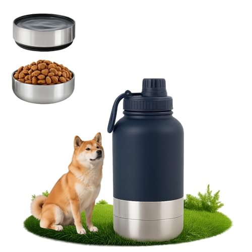 3-in-1 Hundetrinkflasche für unterwegs 1000ml Edelstahl – Hundewasserflasche to Go mit Napf & Futterfach, auslaufsichere Hunde Trinkflasche, Hundezubehör für Spaziergang, Reisen & Outdoor (32oz)