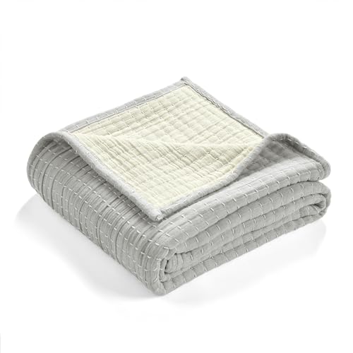 Lush Decor Solid Kantha Pick Stitch Yarn Dyed Cotton Woven Throw Blanket, 60" x 50", Light Gray