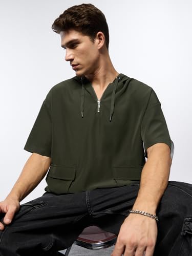 Image of The Souled Store Hooded T-Shirt: Olive Men and Boys Short Sleeves Hooded Neck Green Solid Cotton Oversized Fit Dual Front Flap Pockets Lightweight All-Season Comfortable T-Shirt