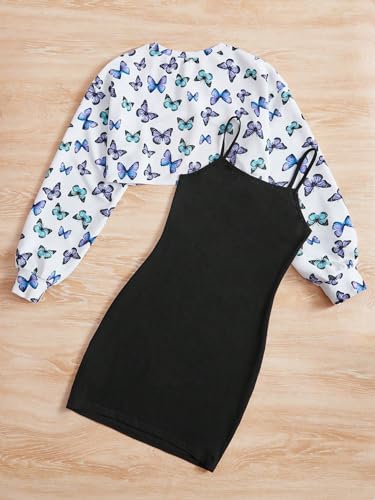 Image of SHENHE Girl's 2 Piece Outfits Butterfly Print Mini Cami Dress and Crewneck High Low Crop Sweatshirt Multicolor 12-13Y