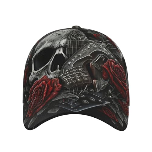 Guitarra De Rock and Roll con Calavera Negra Y Rosas Vintage Mujer Hombre Snapback Cap Ajustable Gorras Hip Hop Secado Rápido Gorra Trucker para Running Aire Libre Deporte