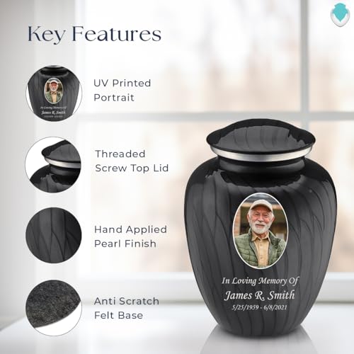 Image of Geturns - Adult Cremation Urns for Human Ashes I Large Pearl Black Photo Funeral Urn for Female and Male I 200 lbs