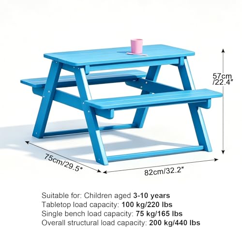 Table de picnic enfants robuste en HDPE résistante aux intempéries bleu lac