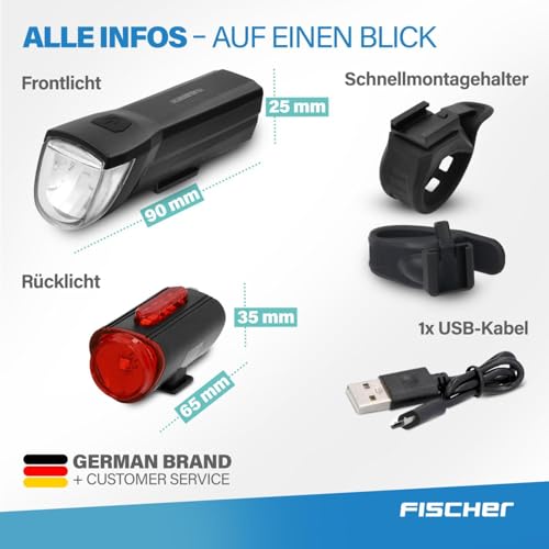 FISCHER Fahrrad-Beleuchtungsset 30/15 Lux, Akku-Leuchtenset TWIN, Front- und 360° Rückleuchte, mit...