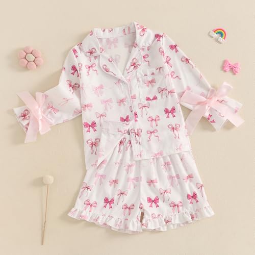 Kuriozud Toddler Girl Satin Pajamas Set Summer Short Sleeve Button Down Shirt Top and Shorts 2pcs Pjs Sets Sleepwear2