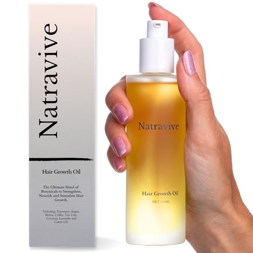 Hair Growth Oil by Natravive 100% Natural with Rosemary Oil To Promote Follicle Growth, Biotin, Argan, Caffeine, Coconut and Lavender Oil to Nourish and Thicken all Hair Types