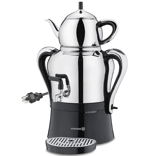 Korkmaz Caykolik A842-01 Stainless Steel Samovar, Upper Pot 1.3 L (43.9 Oz), Bottom Pot 3 L (101.4 Oz) Electric Turkish Tea Maker Set, Double Pots, Inox, Chrome, Black 110 V US Plug, 4.5- Quart
