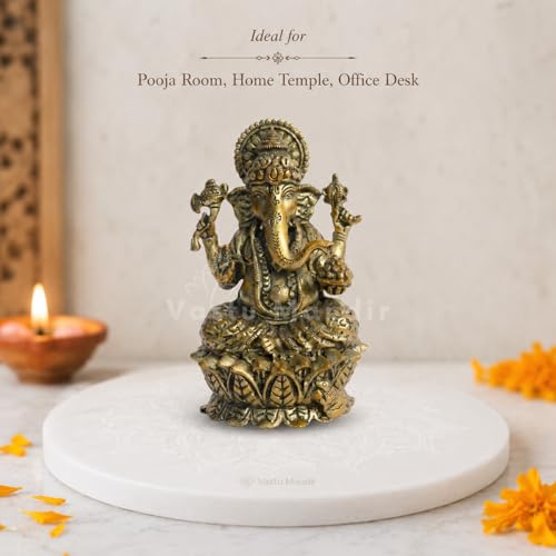 Image of Brass Ganesha Idol, Vastu Remedy for Obstacle Removal (6 Inch, 630 g)