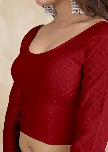 Image of TRENDMALLS Women's Dobby Pure Cotton Elastin Stretchable Readymade Round Neck Full Length Sleeves Blouse Choli Stylish Saree Blouse Ready to Wear