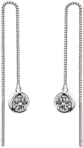 Women 925 Sterling Silver Brilliant Round Cut CZ Needle Threader Pull Through Dangle Earrings