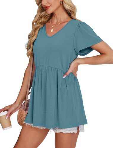 Image of OFEEFAN Womens Summer Tops Babydoll Short Sleeve Shirts Puff Sleeve Peplum Tops V Neck T Shirts